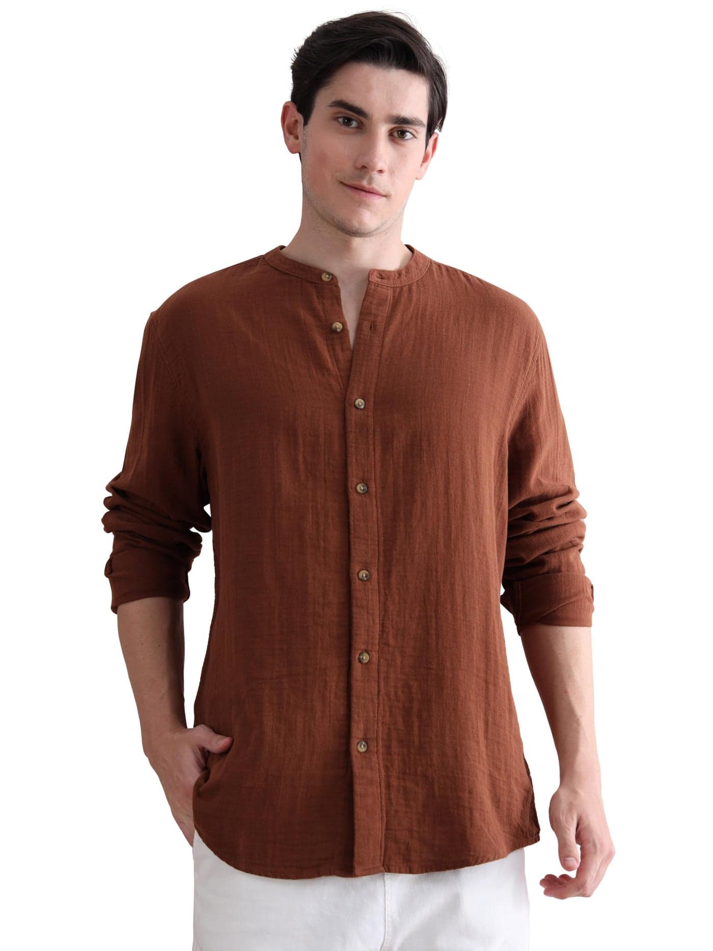 StitchX Men's Full Sleeve Mandarin Collar Relaxed Fit Shirt Rustic Brown 2XL