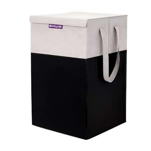 PrettyKrafts 75 L Non Woven Printed Rectangular Foldable Large Laundry Bag/Basket With Lid & Handle, Freestanding Clothes Storage Organizer for Bedroom, Dorm (36x36x53cm, Black, Set of 1)