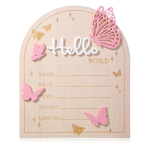 Hello World Newborn Sign 583 697 Inch Pink Butterfly Baby Announcement Sign Wooden Birth Welcome Board for Newborn Boys Girls Photo Props Baby Shower Hospital Nursery