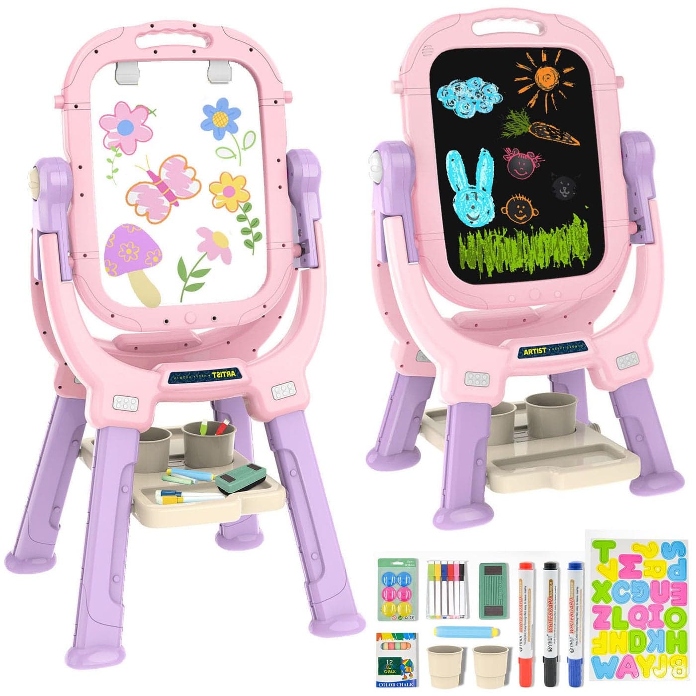 Ylovetoys Easel for Kids Toddler Art Easel Adjustable Standing Magnetic Double Sided Easel with Painting Accessories Birthday Gift for Girls Age 3