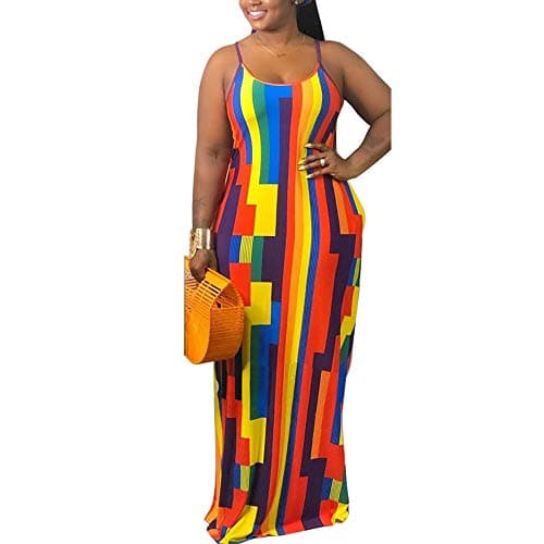 BFFBABY Womens Summer Suspender Maxi Dress Plus Size Striped Printed Sleeveless with Pockets and Belt