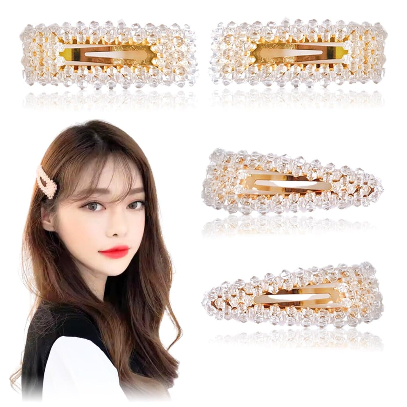 ANNA CREATIONS Korean Style Tic Tac Clip Rhinestones Hairpin Shiny Crystal Hairclips Hair Barrettes Vintage Hair Accessories for Women Girls Pack of 4 Pcs