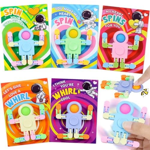 LACCHOUFEE Valentines Day Gifts for Kids 30 Pack AstronautShaped Fidget Spinner POP Toys with Greeting Card for Kids Classroom Exchange Valentine Prizes for Boys Girls School Party Favor
