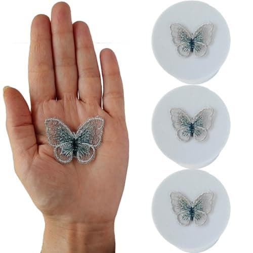 S.A.V.I 3 PCS. Butterfly Embroidered Appliqué Patches, Sew-On, Lightweight, 4.1 x 3.2 cm, Ideal for DIY Clothes, Dresses, Scarves, Bags, Accessories, Crafts (Grey)