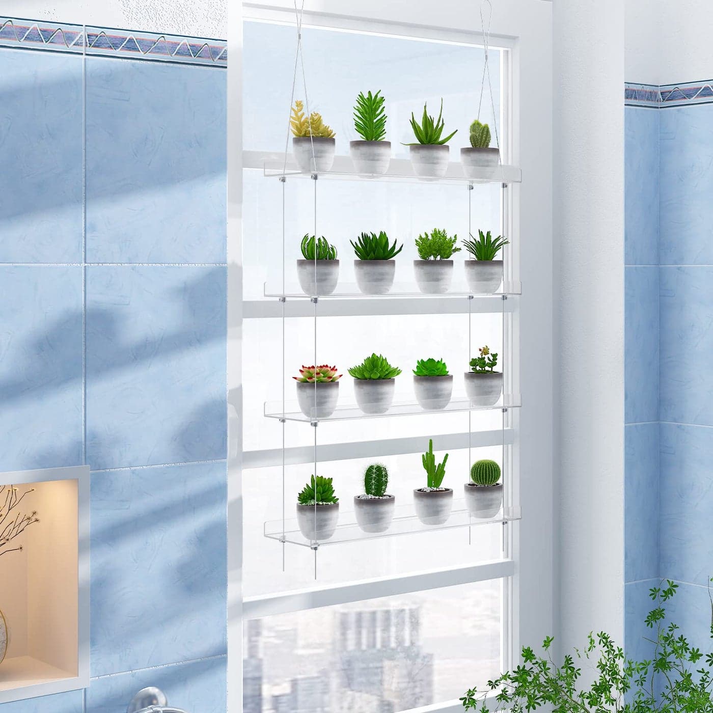 4TierClear Plant Shelves Height Adjustable Hanging Acrylic Indoor Wall Hanging Plant Stand Flower Display Flower Pot Organizer Storage for Window Grow Herbs Microgreens Succulents 16 Inch