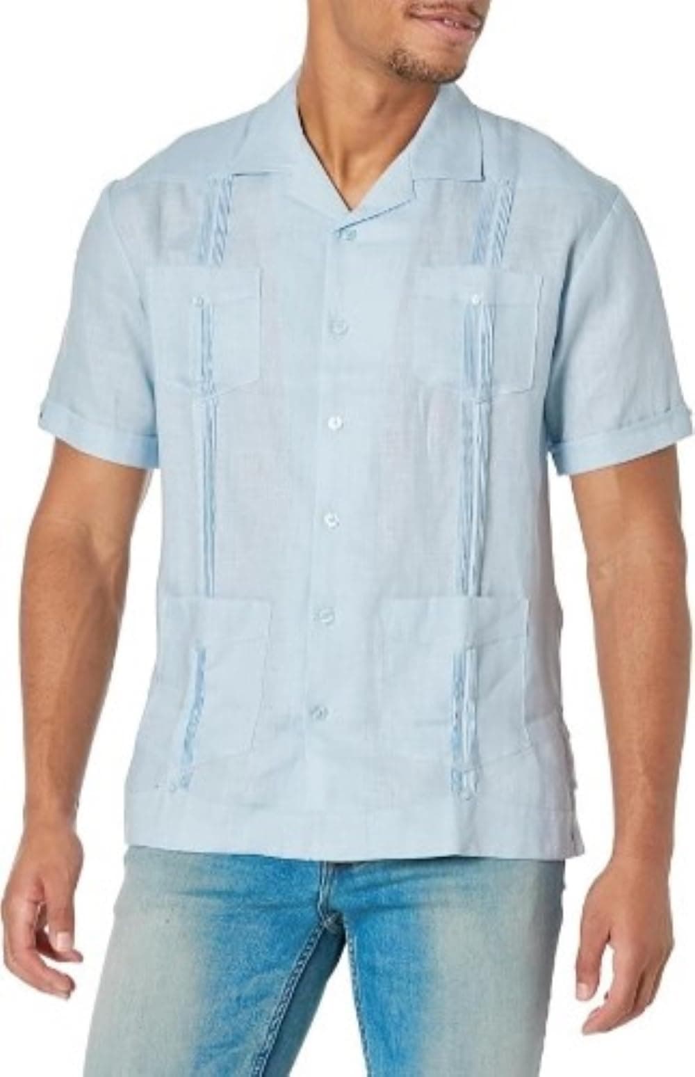 Cubavera Mens 100 Linen Short Sleeve ButtonDown Guayabera Shirt with Four Pockets Camp Collar Pintuck Detail Relaxed Fit Cashmere Blue XLarge