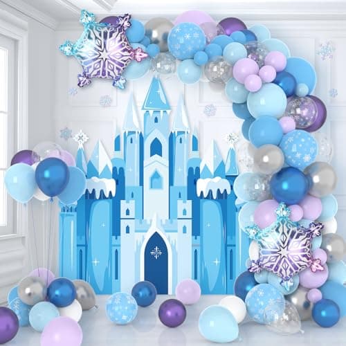 Snow Balloon Garland Arch Kit Princess Castle Backdrop Blue Purple Snowflake Balloons Garland Kit Winter Wonderland Princess Party Decorations for Girls Birthday Baby Shower Wedding Party Supplies