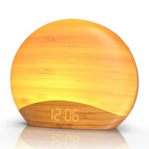 REACHER Natural Wood Grain Sound Machine Sunrise Alarm Clock,26 Nature Inspired Sleeping Sounds, 0-100% Dimmable Clock, Night Light,Brown/Pink/White Noise Sound Machine for Babys, Kids, Adults