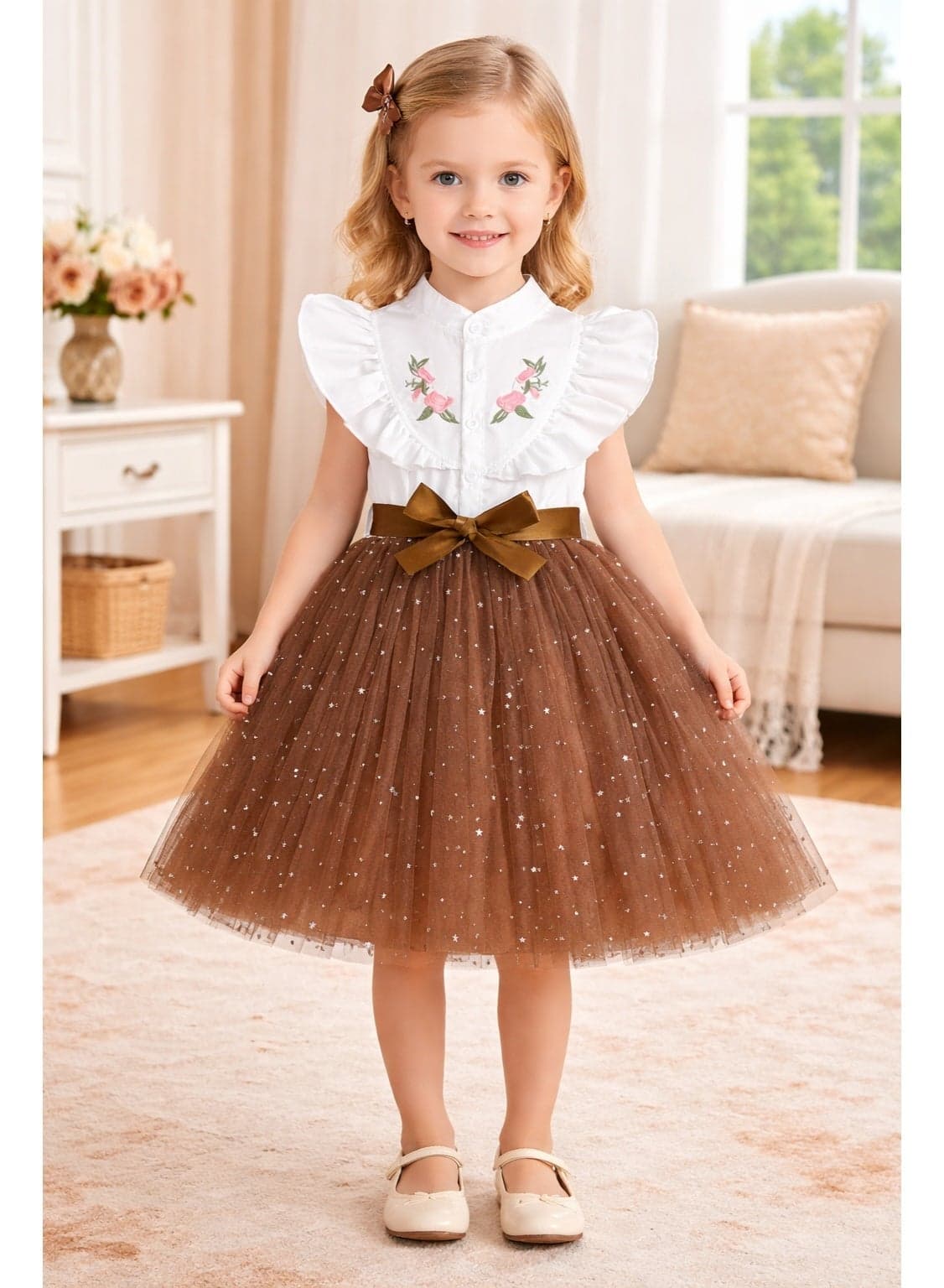 Girls Party Dress 3-5 Years | Floral Embroidered Ruffle Sleeve Dress with Star Tulle Skirt & Bow | Kids Birthday, Wedding & Occasion Dress (Red, Purple, Brown)