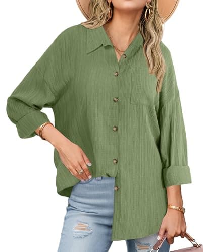Linen Button Down Shirts for Women Casual Long Sleeve V Neck Button Up Shirt Summer Work Collared Blouses Tops Army Green
