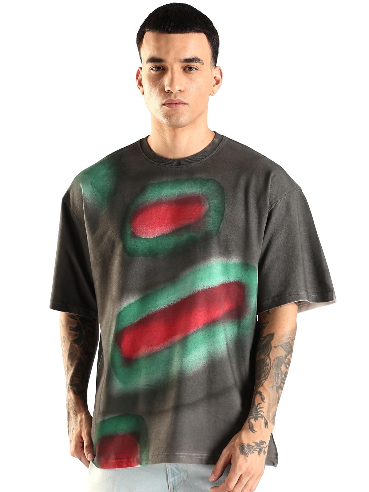ADRO Trendy Oversized Baggy Fit Drop Shoulder Tshirt in Tie & Dye Style | French Terry Cotton Heavy Fabric Crew Neck T Shirt for Men | TDOS-DGRD-M Dark Grey, Red