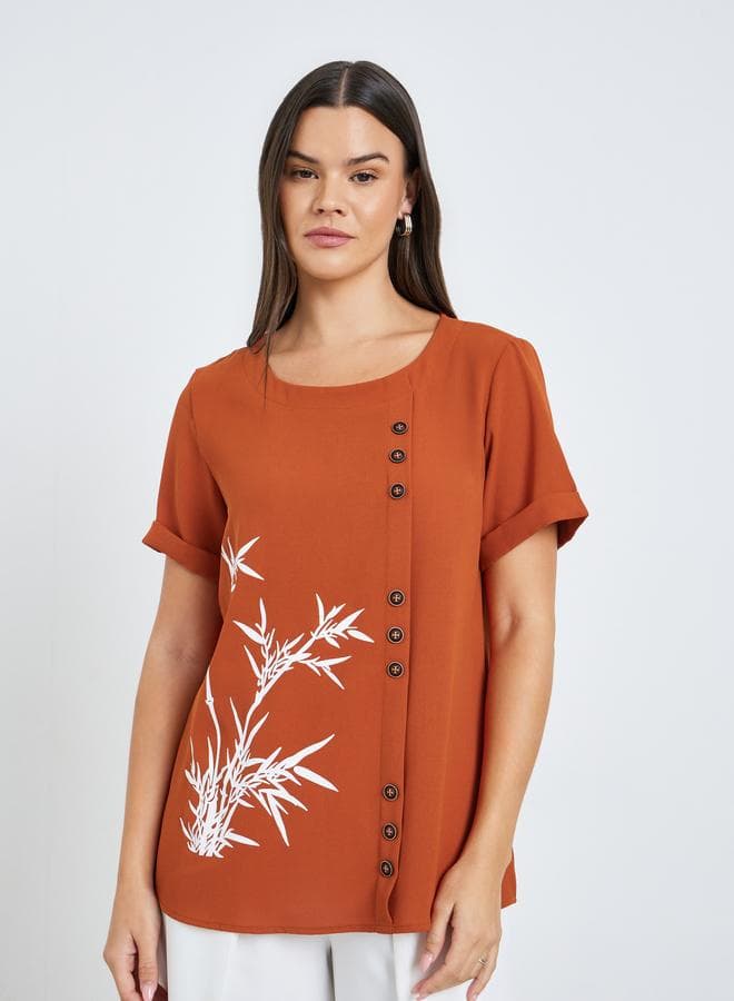Women Rust Button-Detail Top with Bamboo Print