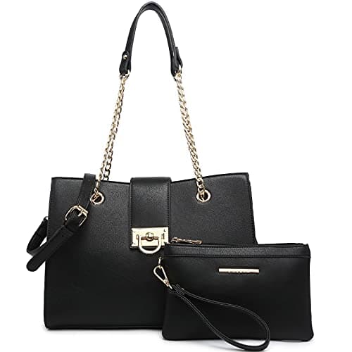 Dasein Women Fashion Tote and Hobo Handbag - Shoulder, Top Handle, Chain Bag - Matching Clutch Included (Black)