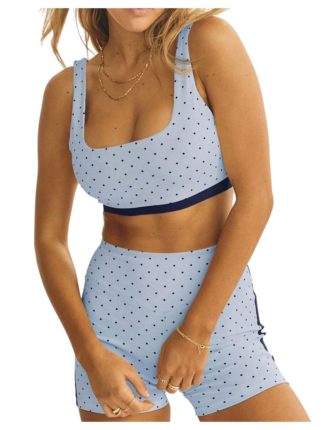 Milumia Women's Padded Polka Dots Workout Set 2 Piece Color Block Bra Tank High Waisted Biker Shorts Matching Yoga Outfit Light Blue X-Large