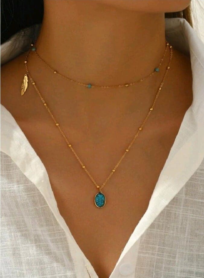 Trendy Stainless Steel Gold Plated Necklace For Women Inlaid With Natural Turquoise Stone