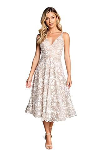 Dress the Population Women's Elisa Sleeveless Plunge Neckline FIT and Flare MIDI Dress, White/Gold, Medium