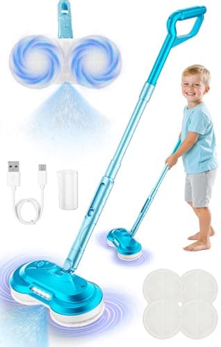 BLAXTEM Kids Electric Spray Spin Mop Toy Rechargeable Cordless Electric Mop W LED Headlight Water Sprayer for Children Ages 3 4 5 6 Boys Girls Cleaning Toy for Pretend Play Light Blue