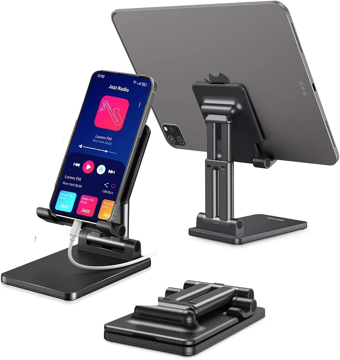 SOOPII Desktop Tablet Stand + Mobile Stand, Heavy Base Aluminum Holder for Tablets/Mobile/Tab Stand and e-Book Readers Up to 15.6 inches - Black (DM01ProB)