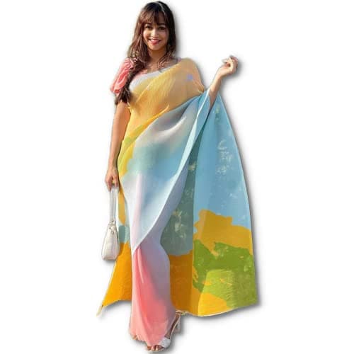 Sidhidata Women's Full Crushed Digital Printed Pure Georgette Saree With Unstitched Blouse Piece (Yellow)