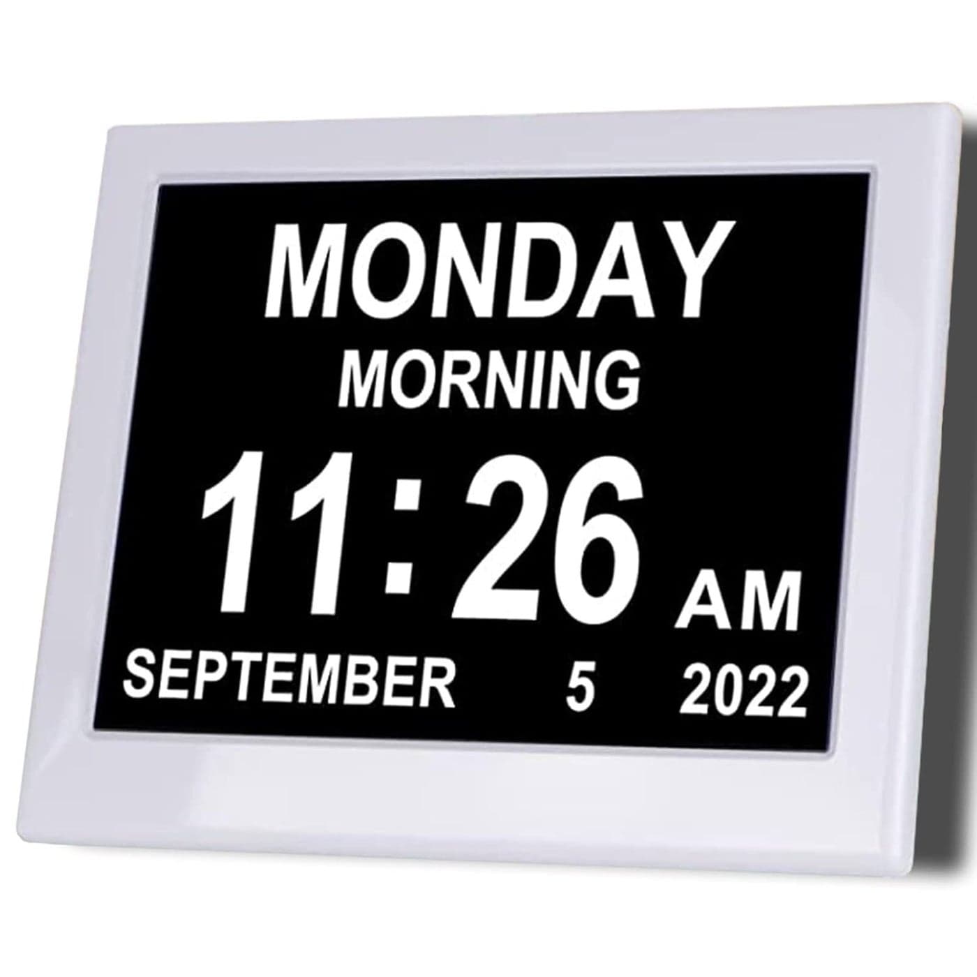 KASTISS Newest Version Digital Day Calendar Clock Clock for Elderly Programmable Medication Reminder Hourly Chime Suitable for Visually Impaired Desktop Wall Hanging White