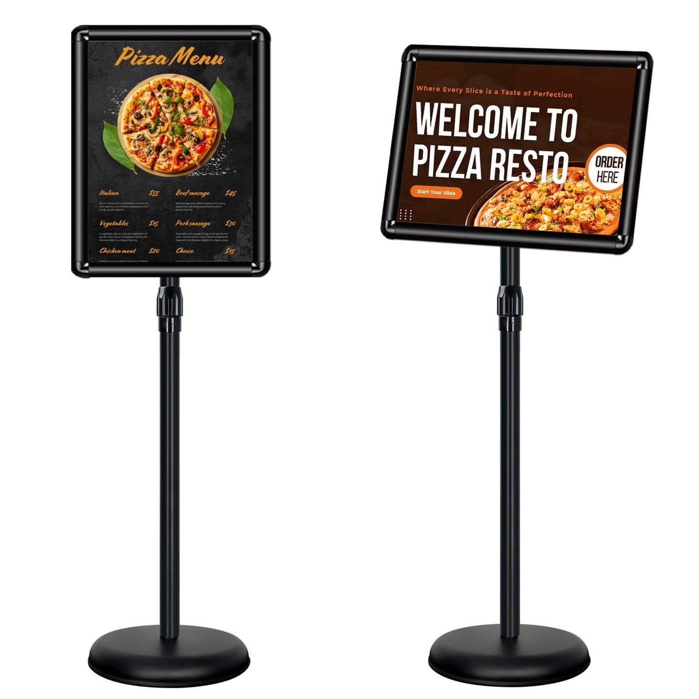 Mutualsign 11x17 inches Poster Stand Holder Adjustable Pedestal Floor Standing Sign Holder Vertical and Horizontal View Sign Display Aluminum Snap Open Frame with Safety Corner Black