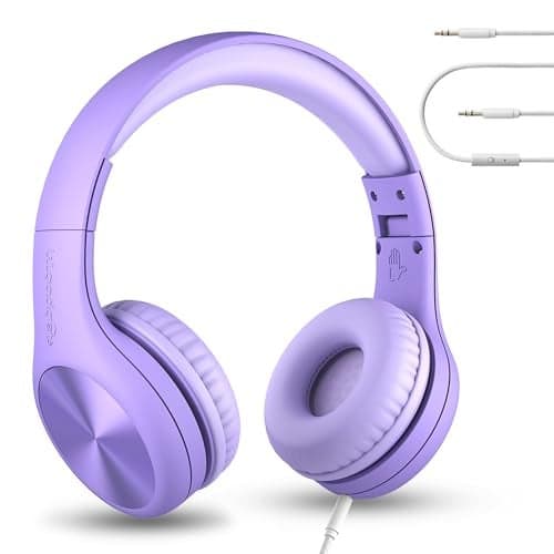 LilGadgets Connect+ Pro Wired Kids Headphones for School w/Microphone, Volume Limiting, Noise Reducing Over-Ear Headset w/Cord, SharePort Technology & SoftTouch Padding, Purple Headphones for Kids