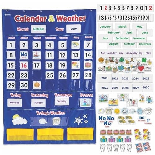 Learning Resources Calendar Weather Pocket Chart Classroom Must Haves Teacher Supplies Back To School Daily Routine For Kids Kindergarten and Homeschool Essentials Vocabulary Flash Cards