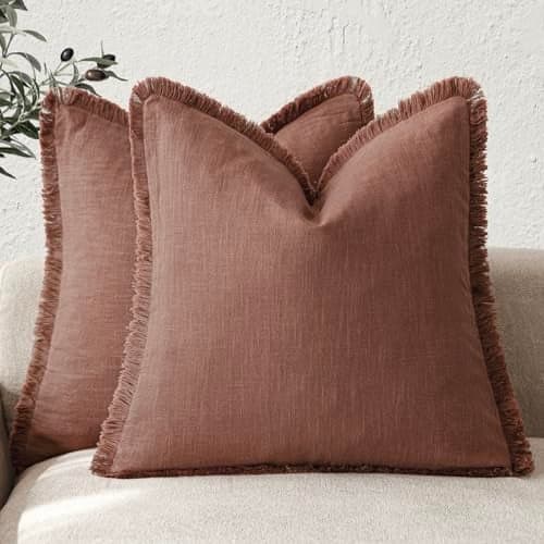 Foindtower Set of 2 Decorative Linen Fringe Throw Pillow Covers Boho Farmhouse Cushion Cover with Tassels Soft Accent Pillowcase for Couch Chair Sofa Bed Living Room Home Decor1818 InchRust Red