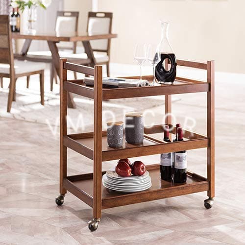 Vm decor Wooden Wine cart Serving bar Trolley with Wheel And Three shelves Black Finish (23×14×29 inches, Wallnut)