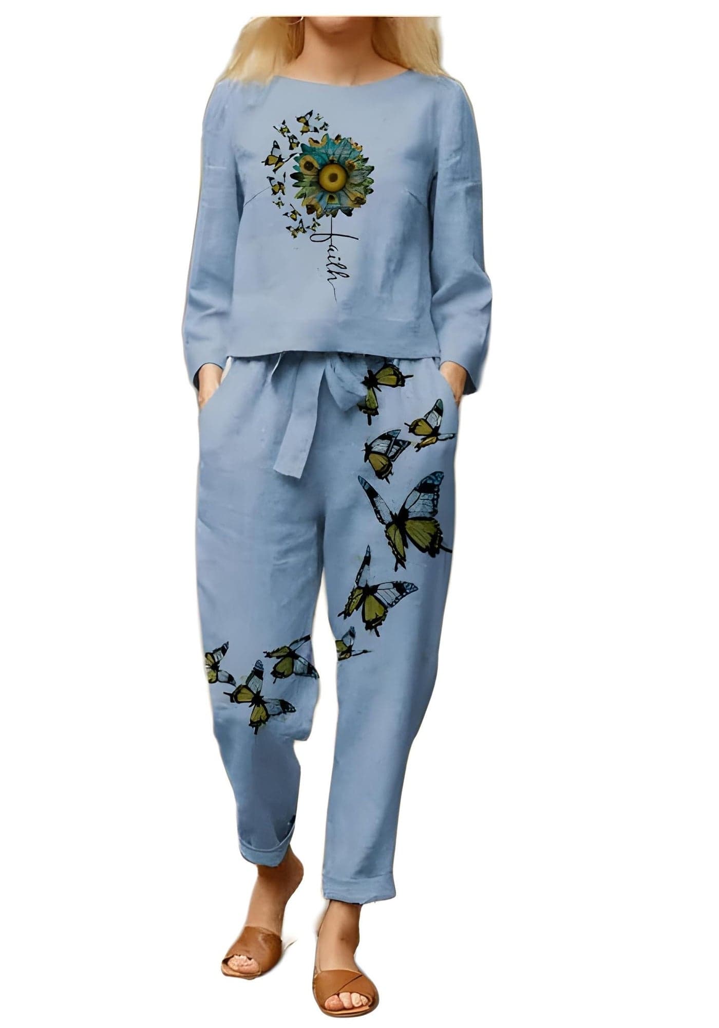 StyleScope Women's Cotton Blend Butterfly Printed Crop Top Co-Ords Set|Coordinate Set|Summer Wear| Printed Crop Top with Pant Set (CS Butterfly Sky Blue_XXL_Sky Blue_XX_Large)