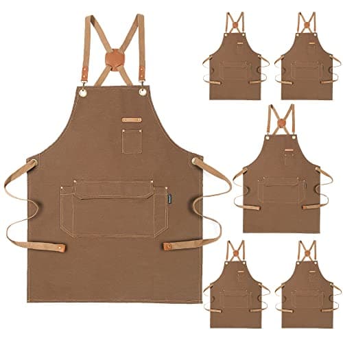 Genixart 6 Bulk Pack Chef Apron for Men Women with Pockets, Cross Back Apron for Kitchen Cooking Baking Artist Painting, Cotton Canvas Work Aprons for Restaurant, Cafe Shop, Garden (Brown, M to XXL)
