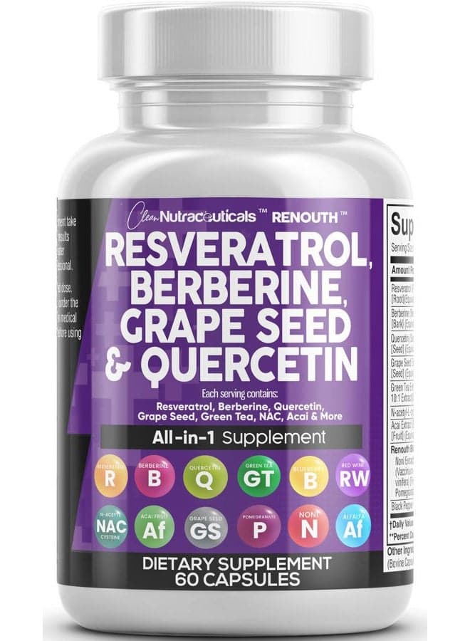 Clean Resveratrol Supplement | Berberine Grape Seed Extract Quercetin Green Tea Extract Acai Noni Polyphenol Supplement for Women & Men Anti Aging N-Acetyl Cysteine NAD Booster