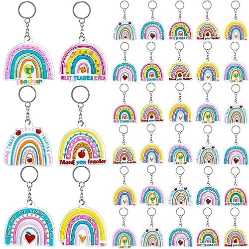 Henoyso 36 Pcs Teacher Keychain Bulk Back to School Teacher Appreciation Gifts in Bulk Thank You Key Chain Keyring Gifts(Rainbow)