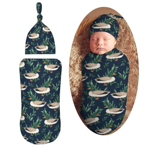 KiuLoam Cute Farm Animal Mallard Duck Newborn Swaddle Blanket with Hat Set Baby Receiving Blankets Soft Swaddle Wrap for Baby Boys and Girls
