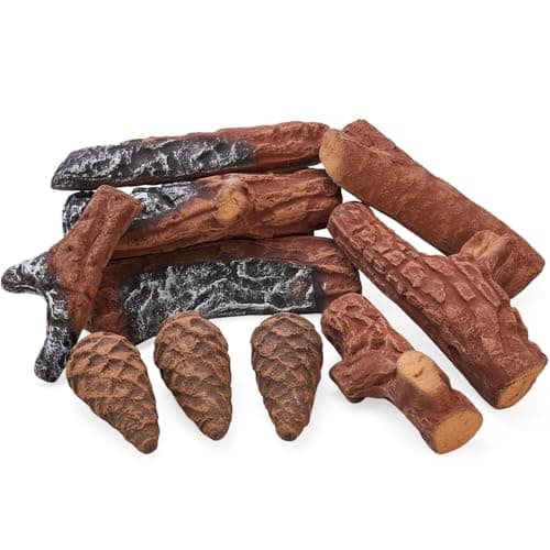 BIOMAND Ceramic Gas Fireplace Logs, 10 Peice Realistic Fire Logs for Outdoor Fire Pit, Artificial Fake Wood Set for Gas or Propane Inserts, Reusable Fake Fire Logs for Ventless, Fireplaces, Fire Pits