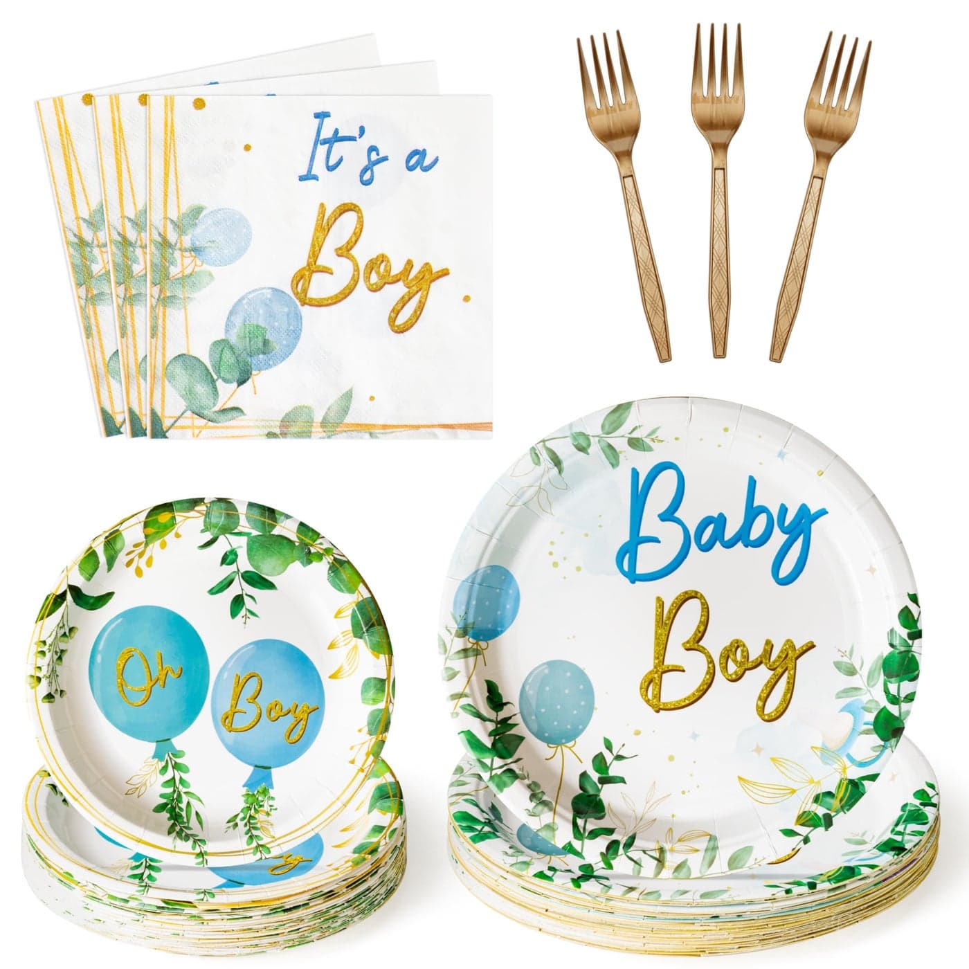 G1ngtar 96Pcs Its a Boy Greenery Baby Shower Party Plates Supplies Sage Green Watercolor Blue Balloon Party Tableware Decorations Disposable Paper Plates Napkins Fork for Birthday Serves 24 Guests