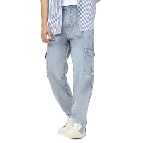 Urbano Fashion Men's Light Grey Loose Baggy Fit Washed Cargo Jeans with 6 Pockets Non-Stretchable (jeanlscargotowl-lgrey-34)