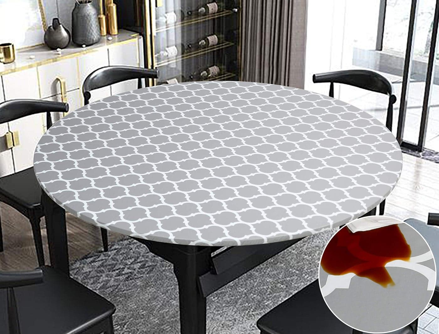 Rally Home Goods Indoor Outdoor Patio Round Fitted Vinyl Tablecloth Flannel Backing Elastic Edge Waterproof Wipeable Plastic Cover Gray Arabic Trellis Pattern for 10Seater 5772 Diam 60 70