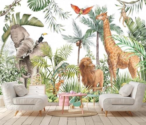 Jdayda Safari Wallpaper Hand Painted Elephants Giraffes Monkeys Lions Tropical Palm Trees Jungle Forest Wall Mural for Bedroom Living Room Baby Nursery