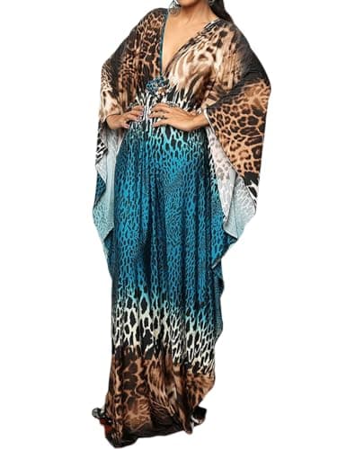 Bsubseach Women Ethnic Print Kaftan Beach Dress Plus Size Swimsuit Cover Up Blue Coffee Leopard