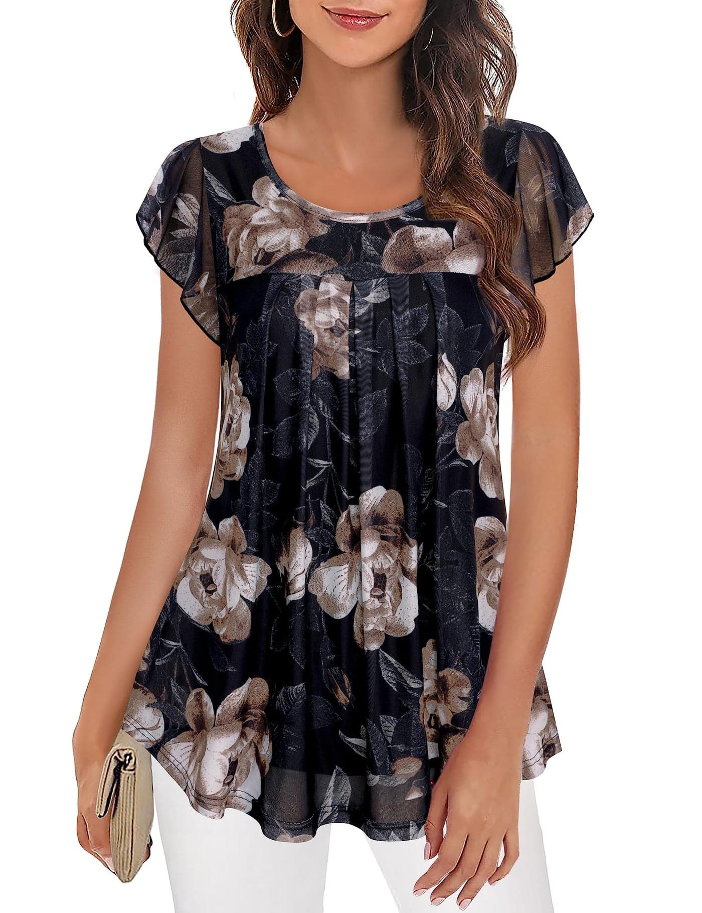 Furnex Tunic Tops to wear with Leggings Floral Tunic Tops for Women Loose Fit Pleated Tunic Tops Mesh Blouse for Women Business Casual Dressy Blouses Double Layered Shirts for Women Black Coffee M
