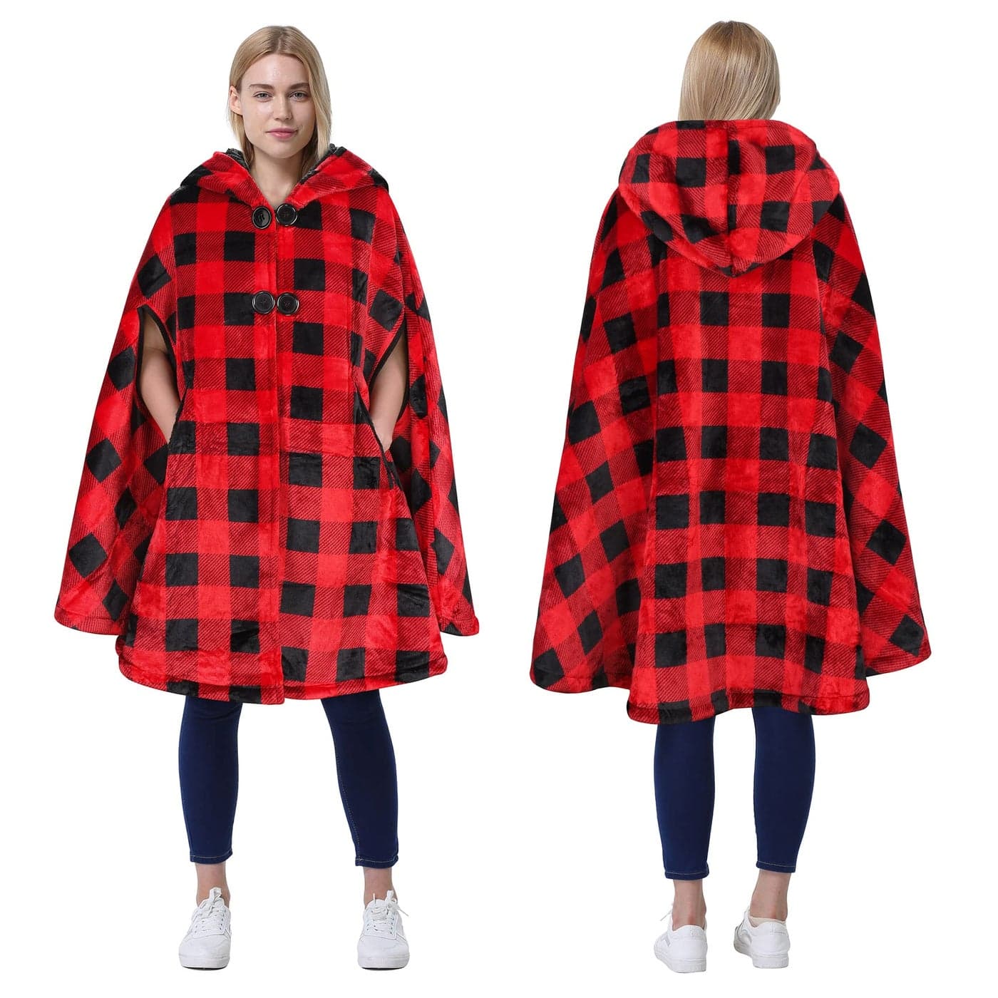 Catalonia Red Plaid Womens Poncho Cape Oversized Sherpa Fleece Cloak Coat Snuggly Hooded Wearable Blanket Christmas Valentines Gift Idea for Her