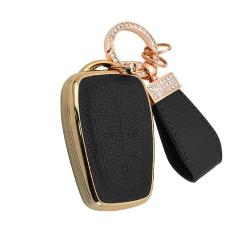 keyzone litchi leather textured TPU key cover & keychain for Tata Nexon, Harrier, Safari, Altroz, Punch, Tigor smart key (Black)