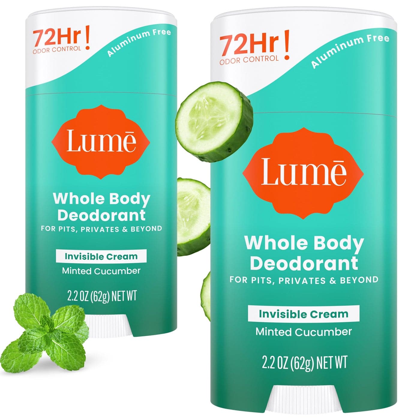 Lume Whole Body Deodorant Invisible Cream Stick 72 Hour Odor Control Aluminum Free Baking Soda Free Skin Safe 22 Ounce Pack of 2 Minted Cucumber