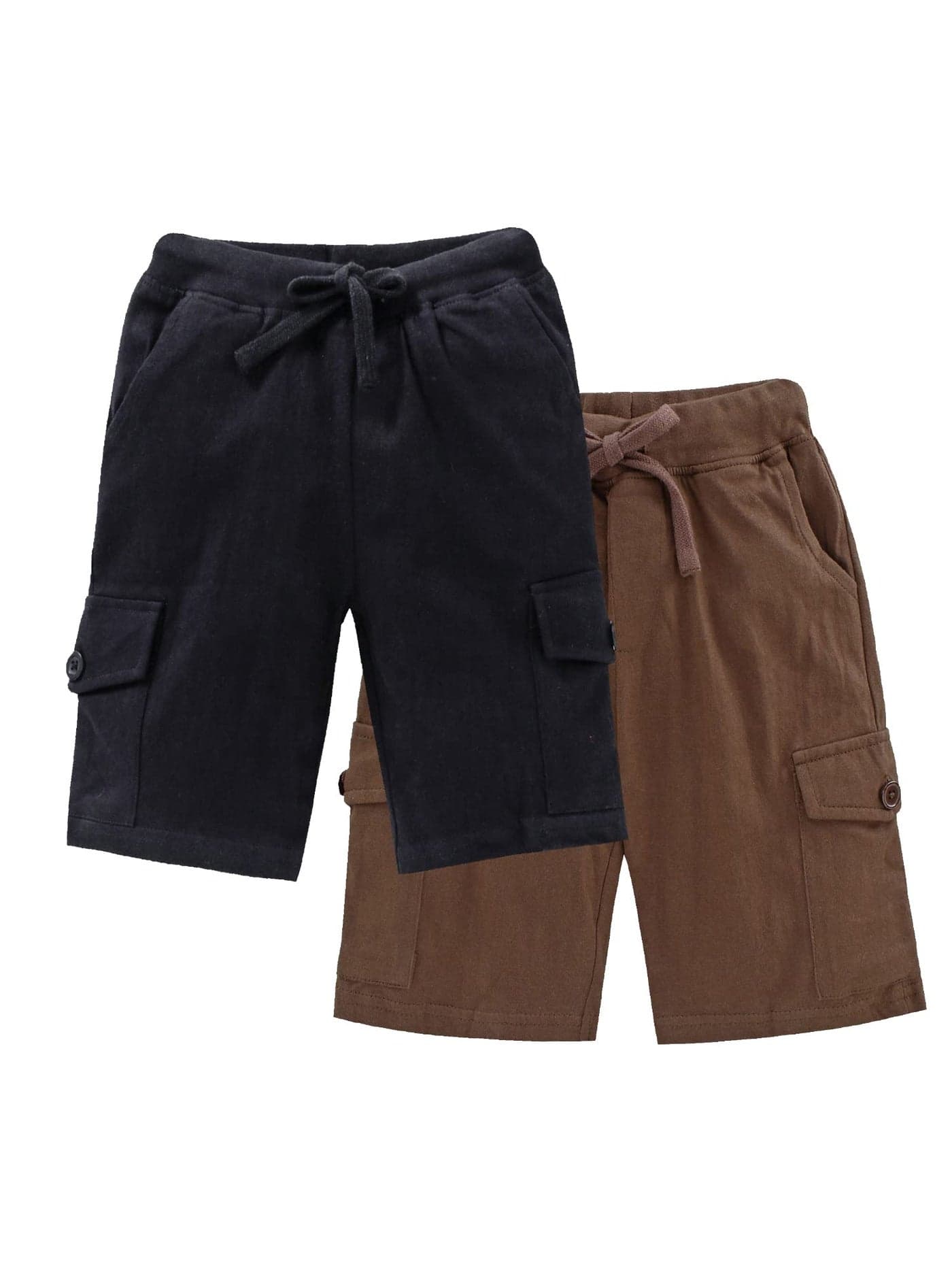KiddoPanti Boy's Solid Knit Cargo Shorts Pack of 2|100% Cotton Single Jersey Knit|Drawstring Closure, Rib Waistband, 2 Front & 2 Cargo Pockets | Casual Half Pant, Brown & Jet Black - 10-12Y