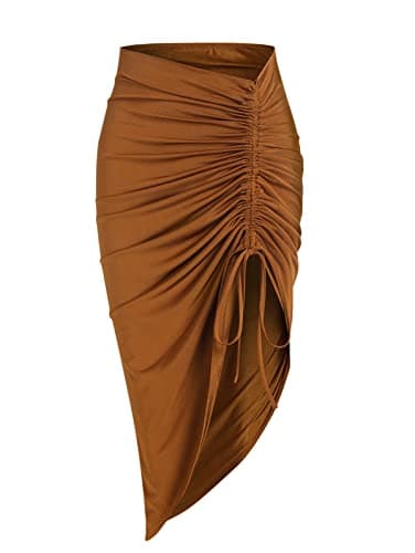 ZAFUL Skirts for Women Sexy Slit Side Front Ruched Skirt High Waist Bodycon Asymmetrical Drawstring Skirt(L,BA-Coffee)