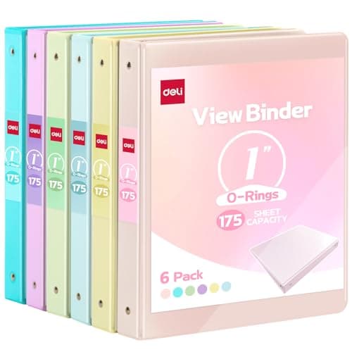 Deli 1inch 3 Ring Binder with 2 Interior Pockets 175 Sheets Capacity 1 inch Binders fits 11 x 85 US Letter Size Assorted 6 Pastel Colors 6 Pack