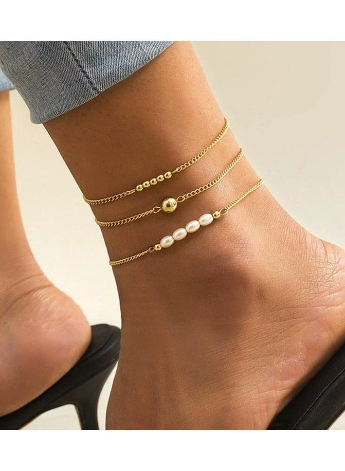 Bohemian Style Multi-Layer Metal Round Bead Faux Pearl Anklet for Women – Simple Beach Foot Jewelry
