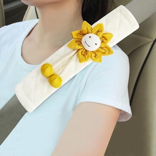 Amooca Soft Auto Seat Belt Cover Seatbelt Shoulder Pad Cushions 2 PCS for a More Comfortable Driving Universal Fit for All Cars and Backpack OffWhite Orange Sunflower