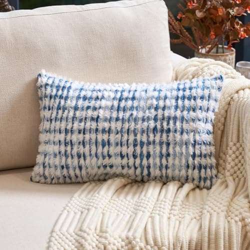 Aeckself Boho Chenille Tufted Pillow Cover 12x20 Inch Rectangle Decorative Lumbar Throw Pillow Cover Neutral Pillowcase for Couch Bedroom Living Room Blue White